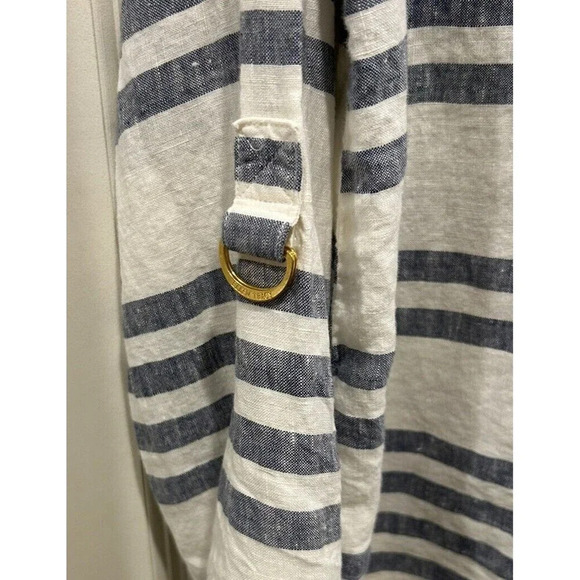 Ellen Tracy Button Popover Blouse Womens  100% Linen Blue White Striped Large - Picture 4 of 7